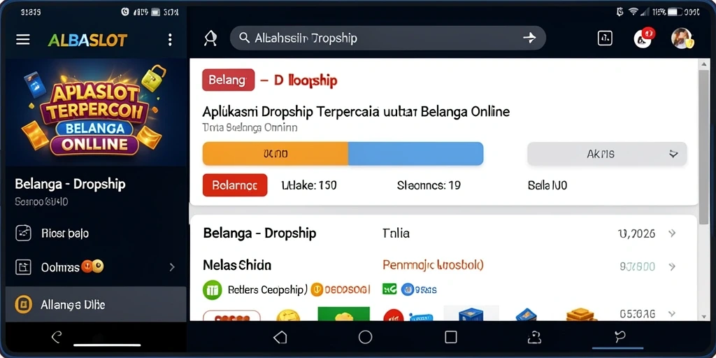 Screenshot antarmuka ALBASLOT menampilkan fitur-fitur utama aplikasi Dropship.
