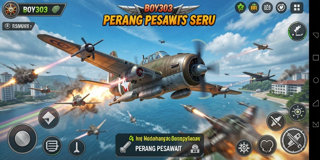 Screenshot utama BOY303 menunjukkan duel pesawat tempur yang dramatis.