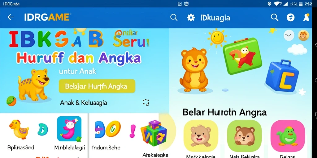 Antarmuka interaktif yang menampilkan huruf dan angka untuk anak.