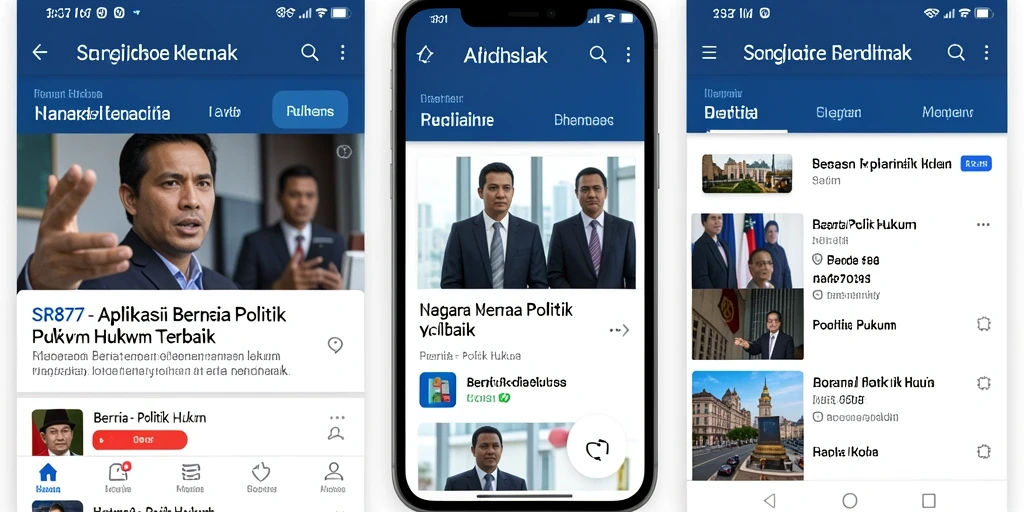 Tampilan antarmuka aplikasi SR877 yang modern dan informatif tentang politik hukum.